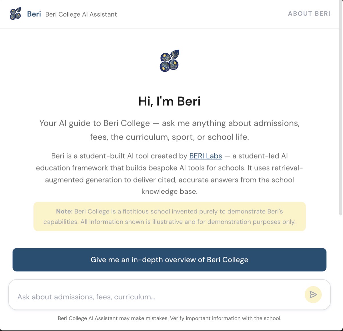 Beri College AI Assistant, a demo Beri chatbot answering questions about a fictitious school