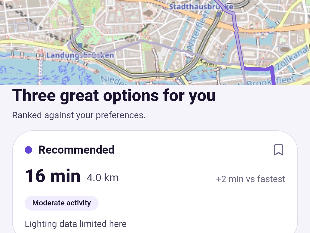 SafeWay app showing ranked walking route options on a map of Hamburg